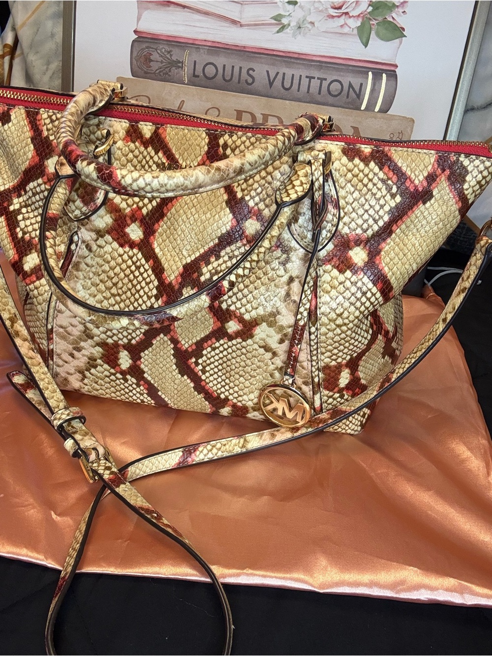 Michael Kors Snakeskin Print Satchel Crossbody Bag Cream Red Brown MK Charm